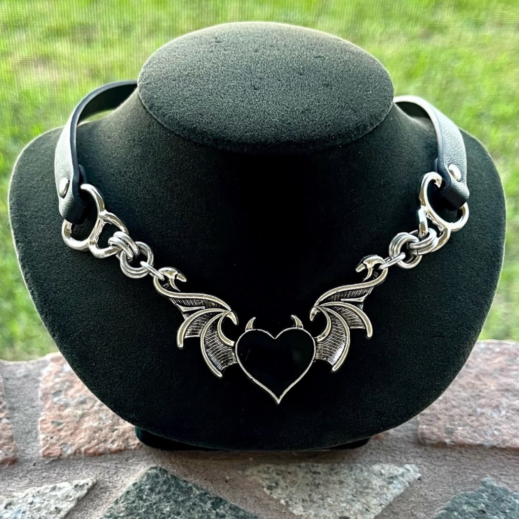 Black Leather Choker Black Heart With Bat Wings And Devil Horns Valentine Goth